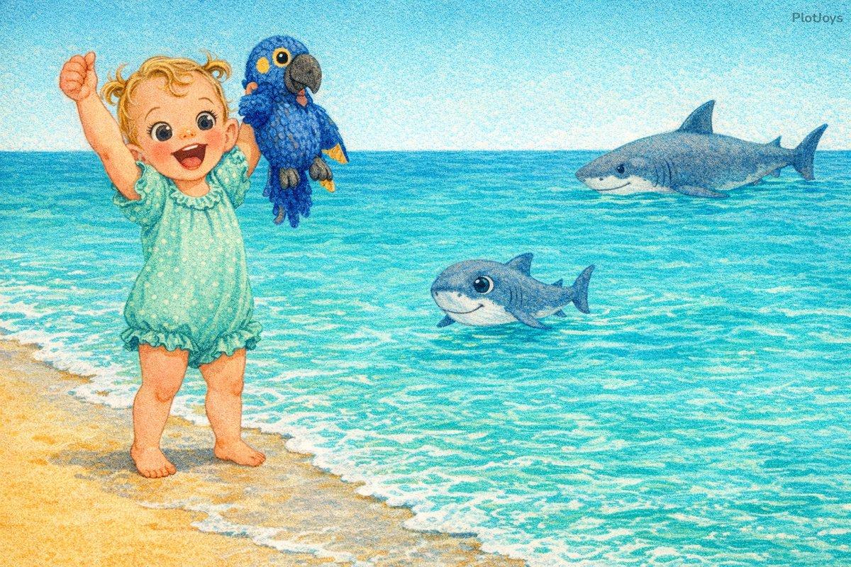 Custom milestone storybook page — Isla at the water’s edge holding Duke up high as a baby shark swims past