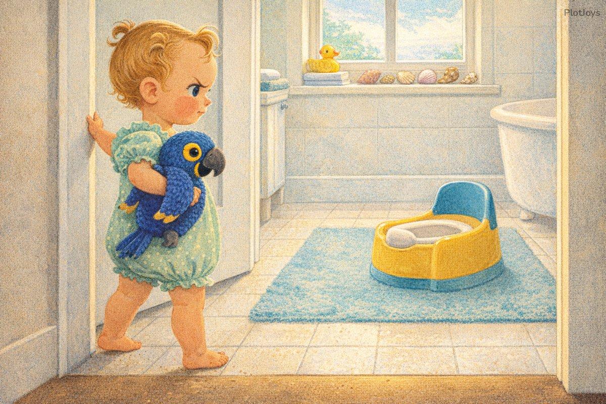 Keepsake potty-training book page — Isla in the bathroom doorway hugging Duke, eyeing the little yellow potty