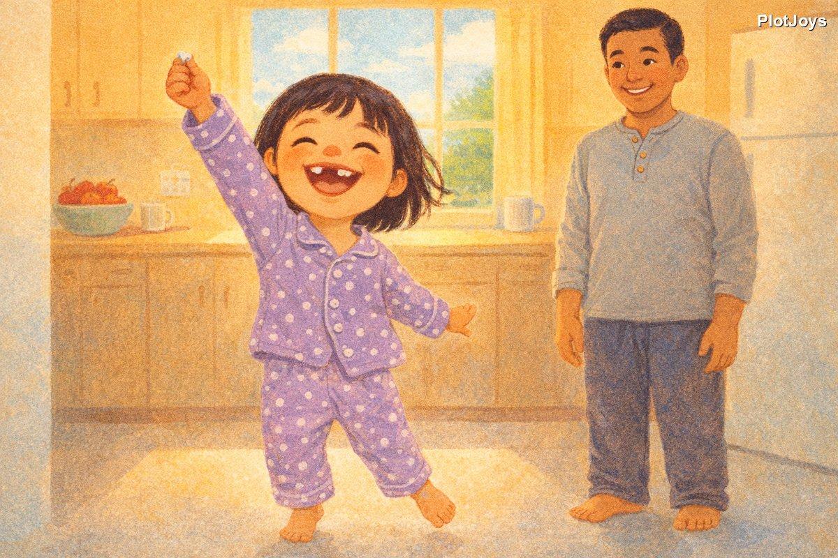 Custom milestone storybook page — JiaLin holding up her tooth with a gap-tooth grin while Dad smiles in the kitchen