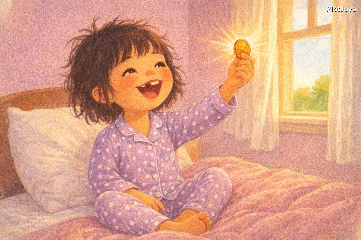 Keepsake tooth-fairy book page — JiaLin in bed holding up a shiny gold coin in the morning light
