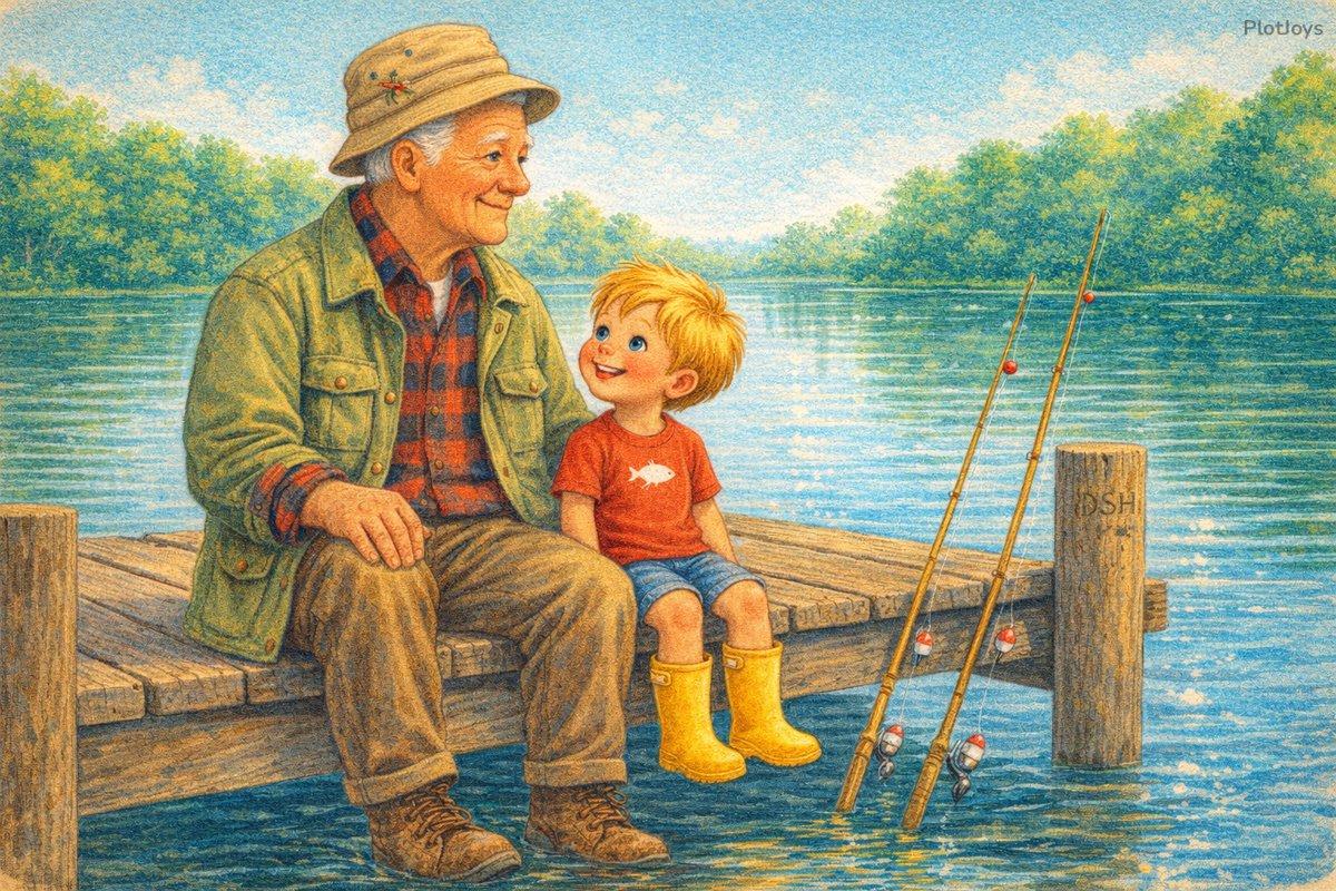 Custom grandparent storybook page — Liam and his grandpa side by side on the dock, two fishing rods resting over the water
