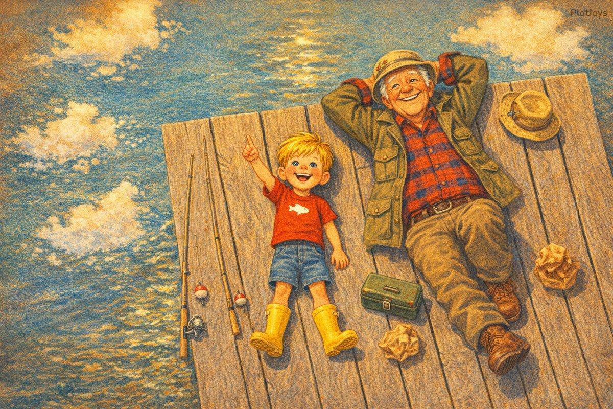 Keepsake fishing book page — Liam and Grandpa lying on the dock, Liam pointing up at the clouds