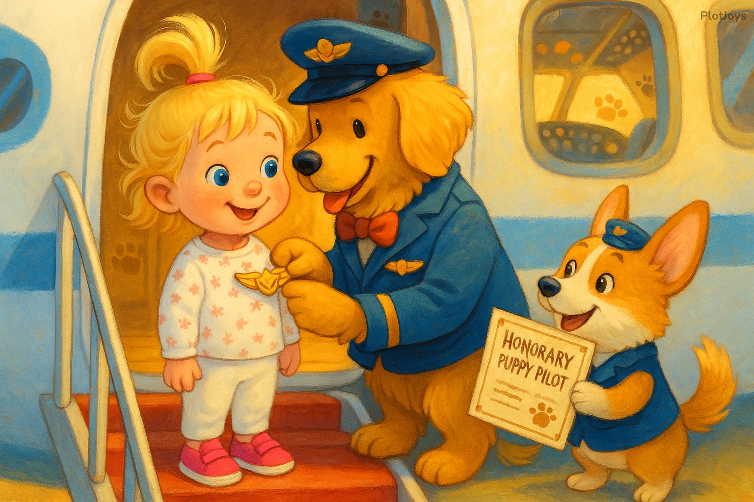 Storybook spread: Puppy pilots giving Nora special pilot wings