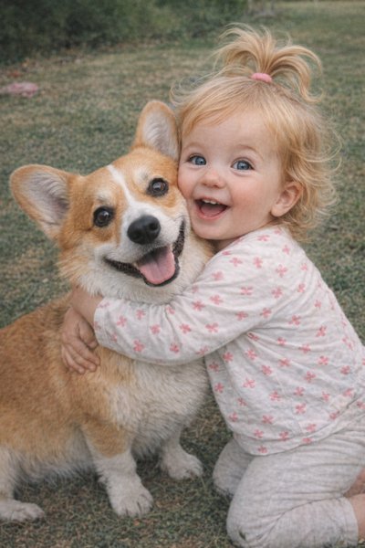 Nora hugging her corgi — the real photo her mom uploaded to create a personalized storybook