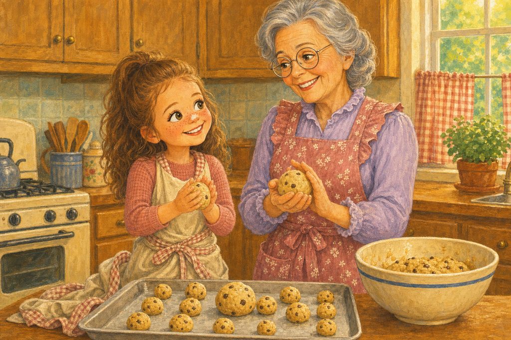 A granddaughter and her grandmother rolling cookie dough into little balls side by side, both smiling